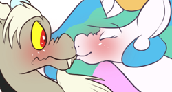 Size: 516x277 | Tagged: dead source, safe, artist:batlover800, discord, princess celestia, alicorn, pony, blushing, boop, cute, cutelestia, discute, dislestia, eyes closed, female, gotcha, kissing, male, nose wrinkle, noseboop, scrunchy face, shipping, smiling, straight, wavy mouth, wide eyes