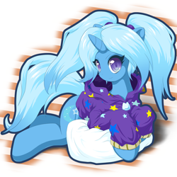 Size: 2000x2000 | Tagged: safe, artist:ragurimo, derpibooru import, trixie, unicorn, alternate hairstyle, babysitter trixie, clothes, digital art, hoodie, looking at you, pigtails, pillow, simple background