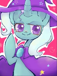 Size: 385x512 | Tagged: safe, artist:sleepsleptngnr, derpibooru import, trixie, unicorn, cape, clothes, cute, digital art, hat, smiling, trixie's cape, trixie's hat