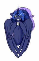 Size: 2071x3211 | Tagged: safe, artist:seaweedponie, princess luna, alicorn, pony, semi-anthro, belly button, floppy ears, grin, moon, simple background, smiling, solo, tangible heavenly object