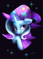 Size: 503x683 | Tagged: safe, artist:hosikawa, derpibooru import, trixie, unicorn, cape, clothes, hat, horn, magic, smiling, trixie's cape, trixie's hat