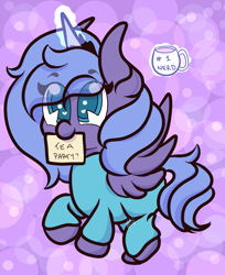 Size: 785x960 | Tagged: safe, artist:hedgehog-plant, princess luna, alicorn, pony, abstract background, clothes, female, invitation, magic, mare, mouth hold, mug, s1 luna, solo, telekinesis