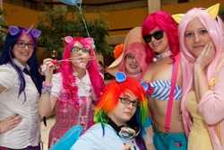 Size: 3888x2592 | Tagged: artist needed, source needed, safe, fluttershy, pinkie pie, rainbow dash, twilight sparkle, human, 2012, anime weekend atlanta, awa 2012, belly button, bikini top, bubble, convention, cosplay, glasses, irl, irl human, photo, rainbow dork, sunglasses, suspenders