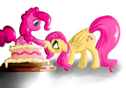 Size: 1500x1050 | Tagged: safe, artist:mysterious44, fluttershy, pinkie pie, earth pony, pegasus, pony, cake, female, flutterpie, lesbian, pop out cake, shipping, surprise cake