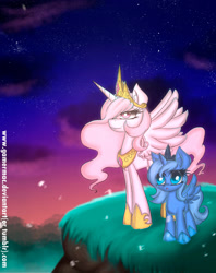 Size: 1900x2400 | Tagged: safe, artist:gamermac, princess celestia, princess luna, alicorn, pony, filly, night, pink-mane celestia, woona, younger