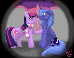 Size: 1322x1028 | Tagged: safe, artist:midnighttheumbreon, princess luna, twilight sparkle, unicorn twilight, alicorn, pony, unicorn, clothes, female, floppy ears, lesbian, looking at each other, magic, mare, rain, s1 luna, scarf, shipping, smiling, telekinesis, twiluna, umbrella