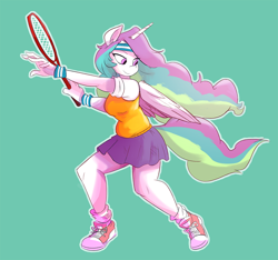 Size: 1280x1200 | Tagged: safe, artist:herny, princess celestia, alicorn, anthro, plantigrade anthro, clothes, female, headband, skirt, smiling, solo, sweatband, tennis, tennis racket