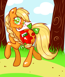 Size: 1000x1190 | Tagged: safe, artist:lohtukettu, applejack, earth pony, pony, book, bow, braid, egghead, glasses, hipster