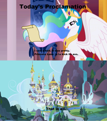 Size: 910x1024 | Tagged: safe, princess celestia, alicorn, pony, canterlot, celestia's proclamation, dragonball z abridged, image macro, meme, super kami celestia