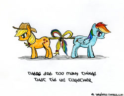 Size: 500x385 | Tagged: safe, artist:el-yeguero, applejack, rainbow dash, earth pony, pegasus, pony, appledash, butt to butt, female, intertwined tails, knot, lesbian, multicolored hair, shipping, simple background, tail, together forever, upset, white background