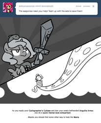 Size: 666x809 | Tagged: safe, artist:egophiliac, princess luna, alicorn, pony, anguilla armor, cartographer's cutlass, filly, giant squid, monochrome, moonstuck, solo, tentacles, thought bubble, woona, younger