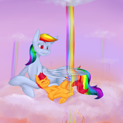 Size: 3200x3200 | Tagged: safe, artist:themaliciouskitty, rainbow dash, scootaloo, pegasus, pony, filly, rainbow, scootalove