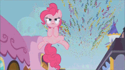 Size: 500x282 | Tagged: safe, screencap, pinkie pie, earth pony, pony, the crystal empire, animated, friendship express, party cannon