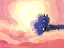 Size: 1024x768 | Tagged: safe, artist:laps-sp, princess luna, alicorn, pony, cloud, eyes closed, prone, solo, sunrise