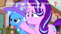 Size: 640x360 | Tagged: safe, derpibooru import, edit, edited screencap, screencap, starlight glimmer, trixie, pony, unicorn, to where and back again, cute, duo, glimmerbetes, grin, hug request, nervous, nervous grin, our town, raised hoof, smiling
