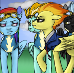 Size: 611x598 | Tagged: safe, artist:colorlesscupcake, lightning dust, rainbow dash, spitfire, thunderlane, pegasus, pony, wonderbolts academy, scene interpretation, wonderbolt trainee uniform, wonderbolts