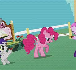 Size: 245x225 | Tagged: safe, screencap, pinkie pie, piña colada, scootaloo, tornado bolt, earth pony, pony, a friend in deed, animated, applecore, bipedal, cropped, hoof hold, jump rope, offscreen character, smile song