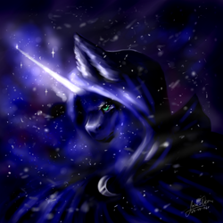 Size: 3000x3000 | Tagged: safe, artist:lilianawolflin, princess luna, alicorn, pony, blizzard, cloak, clothes, glowing horn, snow, snowfall, solo, spirit of hearth's warming yet to come