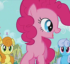 Size: 245x225 | Tagged: safe, screencap, bon bon, carrot top, cherry berry, golden harvest, pinkie pie, shoeshine, sweetie drops, earth pony, pony, a friend in deed, animated, cute, diapinkes, smile song
