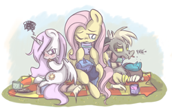 Size: 1539x984 | Tagged: safe, artist:melodenesa, discord, fluttershy, princess celestia, princess luna, alicorn, pegasus, pony, age regression, angry, blushing, cewestia, clothes, cookie, cute, eating, filly, food, picnic, raspberry, scarf, tongue out, woona, younger