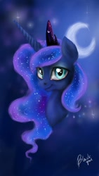 Size: 720x1280 | Tagged: dead source, safe, artist:black-opal1, princess luna, alicorn, pony, moon, smiling, solo, stars