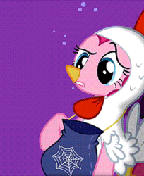 Size: 245x300 | Tagged: safe, screencap, pinkie pie, earth pony, pony, luna eclipsed, animal costume, animated, chicken pie, chicken suit, clothes, costume, cropped, nightmare night costume, solo