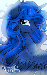 Size: 1893x3000 | Tagged: safe, artist:xwhitedreamsx, princess luna, alicorn, pony, chest fluff, female, gradient background, looking at you, mare, missing accessory, smiling, solo