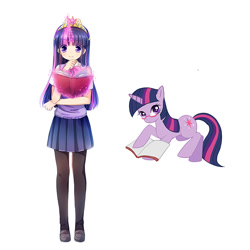 Size: 800x800 | Tagged: safe, artist:eminya, twilight sparkle, human, pony, unicorn, anime, book, clothes, female, glasses, horned humanization, humanized, magic, mare, self ponidox, shoes, simple background, socks, stockings, thigh highs, white background