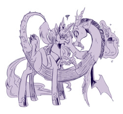 Size: 650x597 | Tagged: safe, artist:murai shinobu, discord, princess celestia, alicorn, pony, discord being discord, monochrome, pixiv