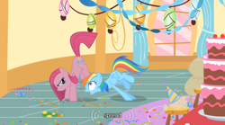 Size: 640x355 | Tagged: safe, screencap, pinkie pie, rainbow dash, earth pony, pegasus, pony, party of one, imminent facesitting, pinkamena diane pie, youtube caption