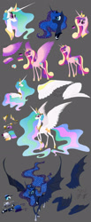 Size: 1280x3109 | Tagged: safe, artist:grievousfan, princess cadance, princess celestia, princess luna, alicorn, pony, bat wings, color palette, curved horn, raised hoof, reference sheet, spread wings