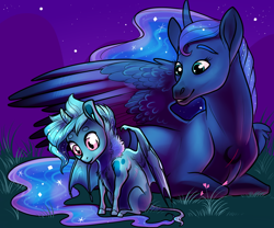 Size: 1024x853 | Tagged: safe, artist:loryska, princess luna, oc, oc:janus, alicorn, bat pony, pony, alicorn oc, color porn, night, offspring, parent:princess luna, parent:unnamed oc, parents:canon x oc, prone, spread wings, stars