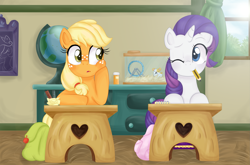 Size: 3291x2173 | Tagged: safe, artist:lucy-tan, applejack, princess celestia, rarity, alicorn, earth pony, hamster, pony, unicorn, bag, book, desk, filly, globe, hamster habitat, hamster wheel, looking at each other, mouth hold, pencil, picture frame, saddle bag, school, table, window, wink
