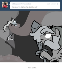 Size: 666x800 | Tagged: safe, artist:egophiliac, princess luna, oc, oc:serenitatis, alicorn, pony, anguilla armor, cartographer's cutlass, filly, giant squid, grayscale, monochrome, moonstuck, woona, younger