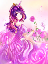 Size: 900x1200 | Tagged: safe, artist:leab-lb, princess cadance, human, clothes, dress, flower, horned humanization, humanized, pixiv, rose, solo, winged humanization