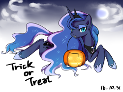 Size: 2400x1800 | Tagged: safe, artist:haden-2375, princess luna, alicorn, pony, cloud, crescent moon, fangs, halloween, holiday, horseshoes, jack-o-lantern, lidded eyes, looking at you, moon, mouth hold, night, night sky, nightmare luna, nightmare night, prone, pumpkin, pumpkin bucket, slit eyes, solo, trick or treat