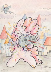 Size: 737x1041 | Tagged: safe, artist:slightlyshade, pinkie pie, rainbow dash, earth pony, pegasus, pony, confetti, flugelhorn, traditional art