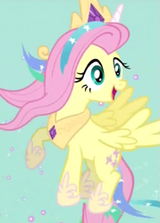 Size: 453x631 | Tagged: safe, screencap, fluttershy, princess celestia, alicorn, pegasus, pony, testing testing 1-2-3, celestia costume, celestia's crown, clothes, costume, cropped, crown, fake horn, female, flying, jewelry, mare, open mouth, outfit catalog, peytral, regalia, shylestia, solo