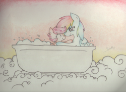 Size: 1170x850 | Tagged: safe, artist:metalliclenneth, rainbow dash, scootaloo, pegasus, pony, bath, bathtub, scootalove