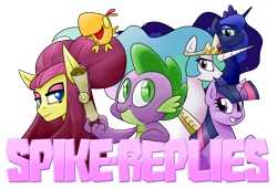 Size: 1000x685 | Tagged: safe, peewee, princess celestia, princess luna, spike, twilight sparkle, oc, alicorn, dragon, pony, ask, spike-replies, tumblr