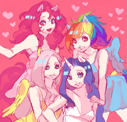 Size: 507x489 | Tagged: safe, artist:matsusaka, fluttershy, pinkie pie, rainbow dash, rarity, eared humanization, heart, horned humanization, humanized, pixiv, tailed humanization, winged humanization