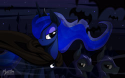 Size: 2560x1600 | Tagged: safe, artist:mysticalpha, princess luna, bat pony, pony, cloak, clothes, hair over one eye, lidded eyes, night guard