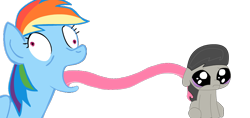 Size: 1000x470 | Tagged: safe, octavia melody, rainbow dash, earth pony, pegasus, pony, dashtavia, derp, female, impossibly long tongue, lesbian, molestation, non-consensual licking, shipping, tongue out, wat, what has science done, why