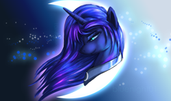 Size: 1783x1054 | Tagged: safe, artist:bluenight01, princess luna, alicorn, pony, bust, colored pupils, moon, portrait, smiling, solo, stars