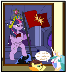 Size: 518x578 | Tagged: safe, artist:hatlessgentleman, carrot top, golden harvest, nightmare moon, princess celestia, twilight sparkle, alicorn, pony, element of magic, flag, solar empire, stained glass