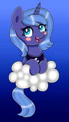 Size: 1440x2560 | Tagged: safe, artist:vivi04264, princess luna, alicorn, pony, blushing, cloud, filly, smiling, solo, woona, younger