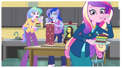 Size: 1512x838 | Tagged: safe, screencap, dean cadance, princess cadance, princess celestia, princess luna, principal celestia, vice principal luna, equestria girls, friendship games, :t, cake, cakelestia, caught, eating, end credits, looking at you, mona lisa, open mouth, picture, right there in front of me, trio, wide eyes