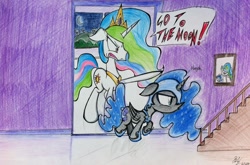 Size: 2048x1355 | Tagged: safe, artist:pelate, nightmare moon, princess celestia, alicorn, pony, dialogue, traditional art