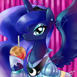 Size: 1800x1800 | Tagged: safe, artist:bigbuxart, princess luna, alicorn, pony, apple, candy apple (food), clothes, costume, dress, food, looking at you, nightmare night, smiling, solo