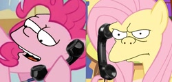 Size: 1070x512 | Tagged: safe, fluttershy, pinkie pie, earth pony, pegasus, pony, bart simpson, exploitable meme, female, magical floating phone, mare, meme, moe syzlak, moeshy, parody, phone meme, photoshop, prank, the simpsons